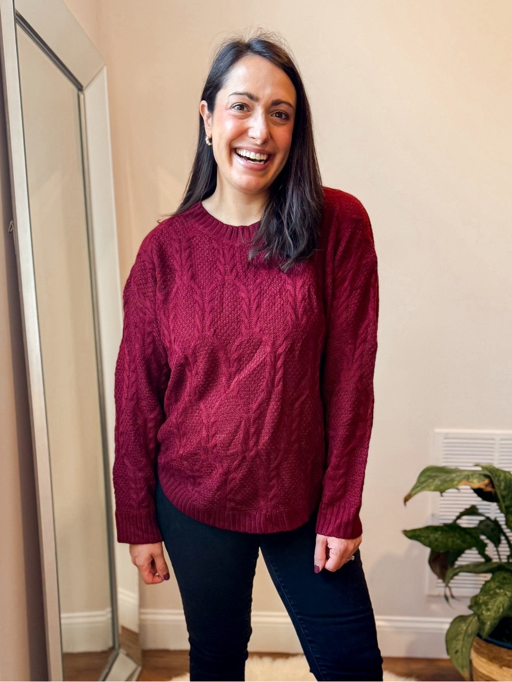 Cupshe Cable-Knit Crewneck Sweater in Deep Wine